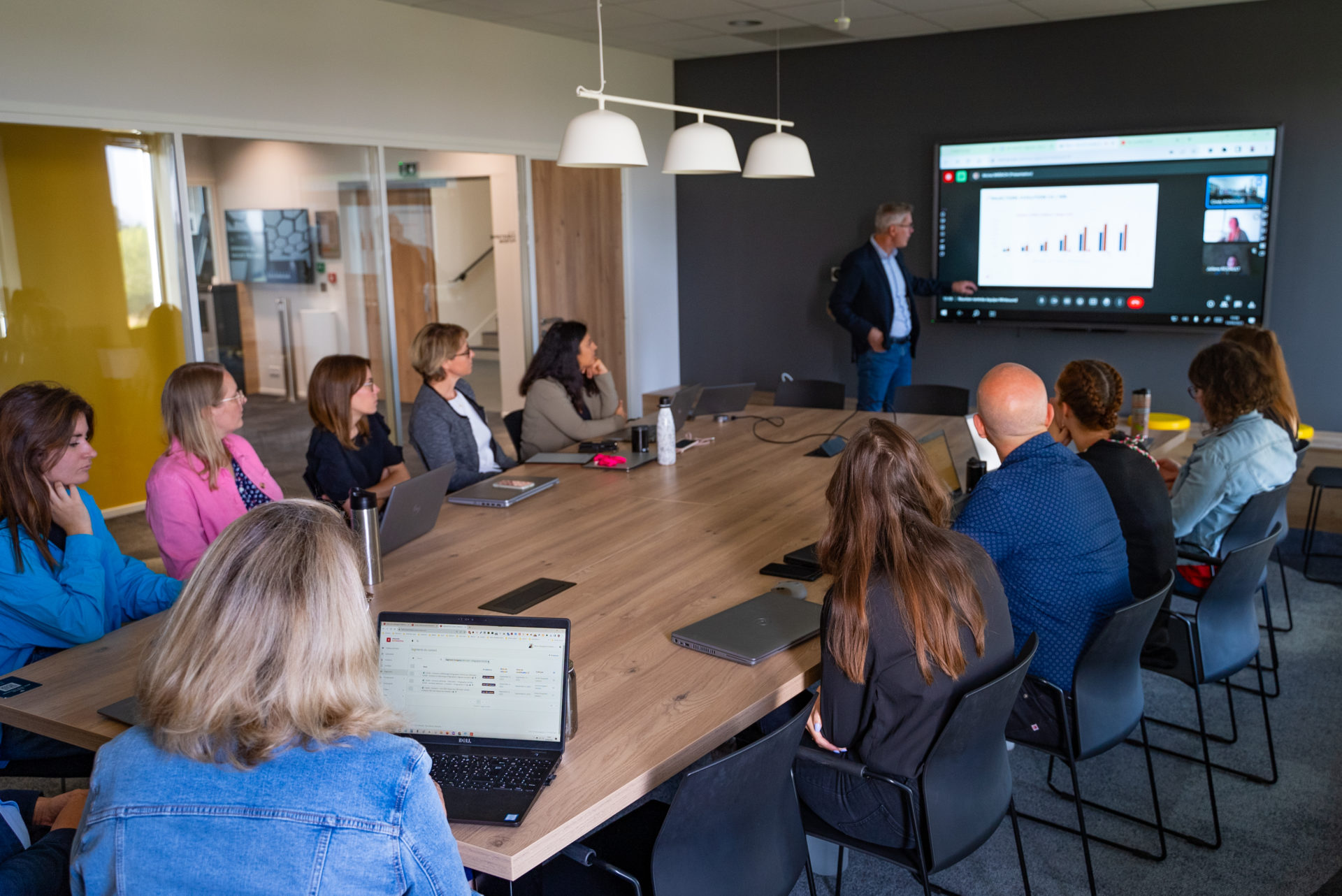 Le directeur de Winbound présente une stratégie inbound marketing à son équipe dans une salle de réunion